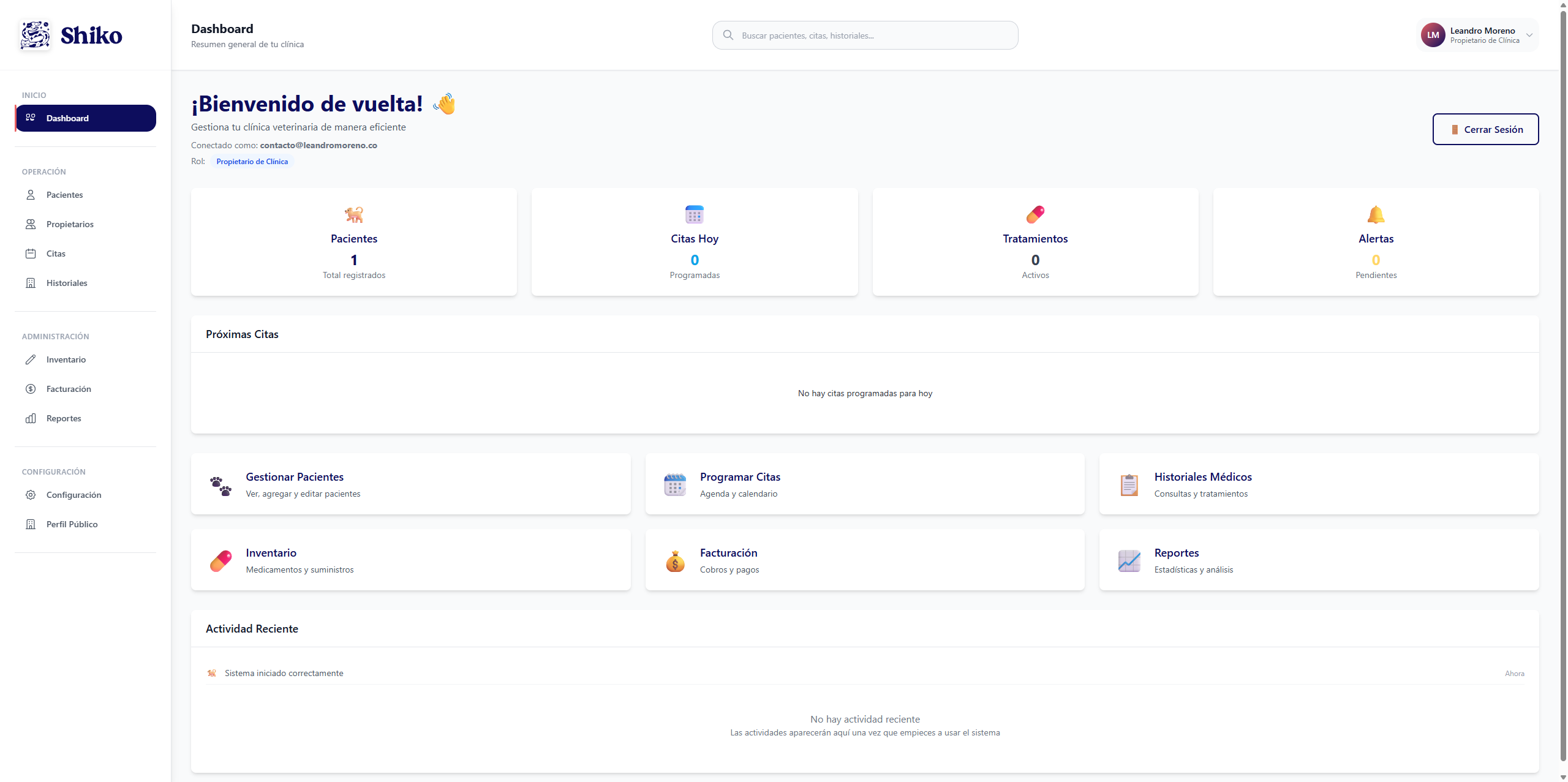 Dashboard de Shiko - gestión veterinaria